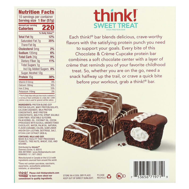 Think!, Desserts, High Protein Bars, Chocolate &amp; Cream Cupcakes, 5 Bars, 2.01 oz (57 g) 