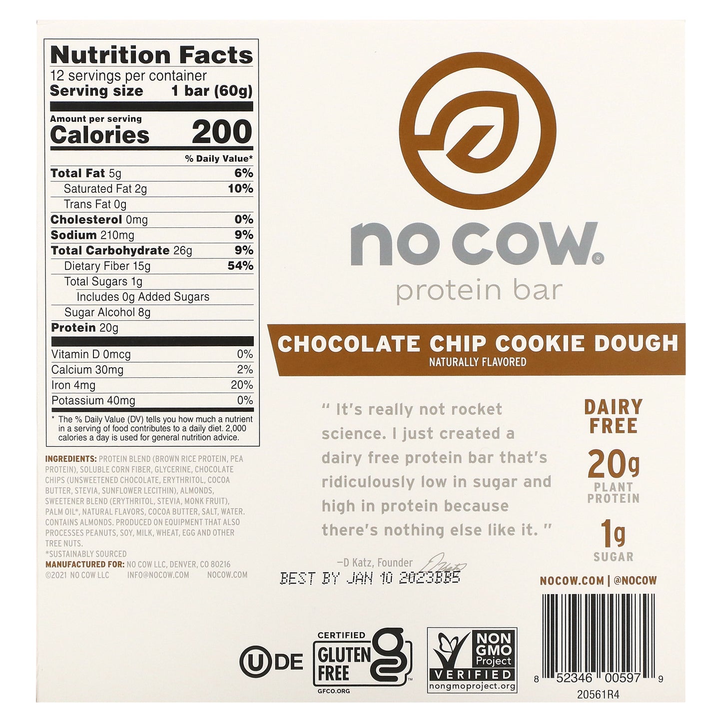 No Cow, 蛋白棒，巧克力碎曲奇麵團，12 根，每根 2.12 盎司（60 克）