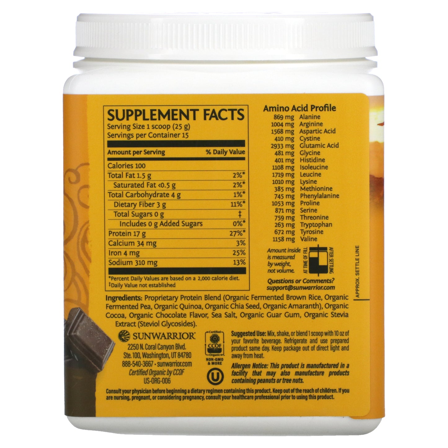 Sunwarrior, Classic Plus Protein, Plant-Based, Chocolate Flavor, 13.2 oz (375 g) 